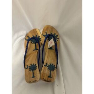 Woodies Blue Wooden Heeled Sequin Thong Sandals, Size 8